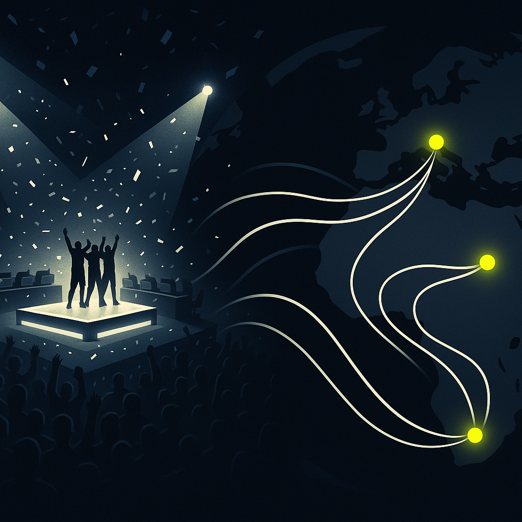 Esports arena victory scene with light streams flowing to points across a world map, symbolizing instant global prize payouts