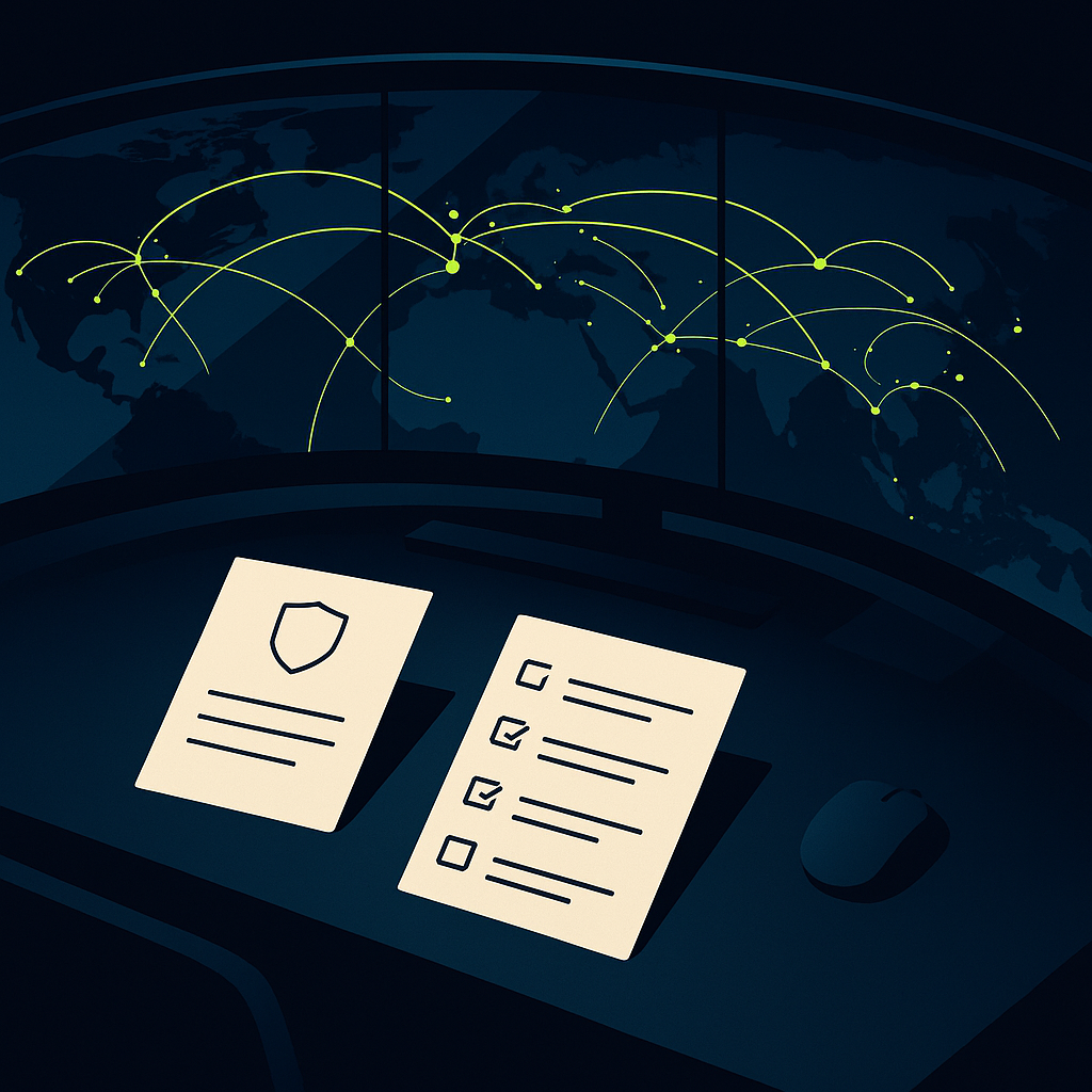 Global payment operations center with world map, glowing payout routes, and floating tax compliance documents