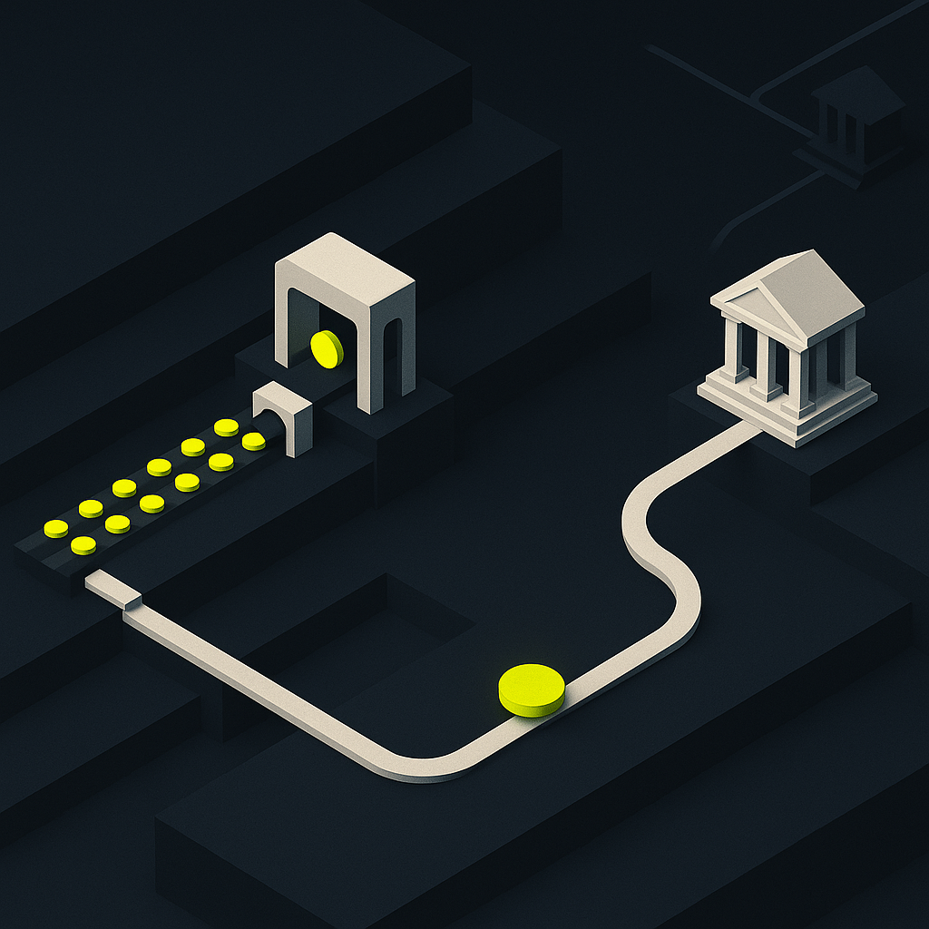 Illustration comparing grouped ACH payments with an individual wire transfer passing through payment control checkpoints.