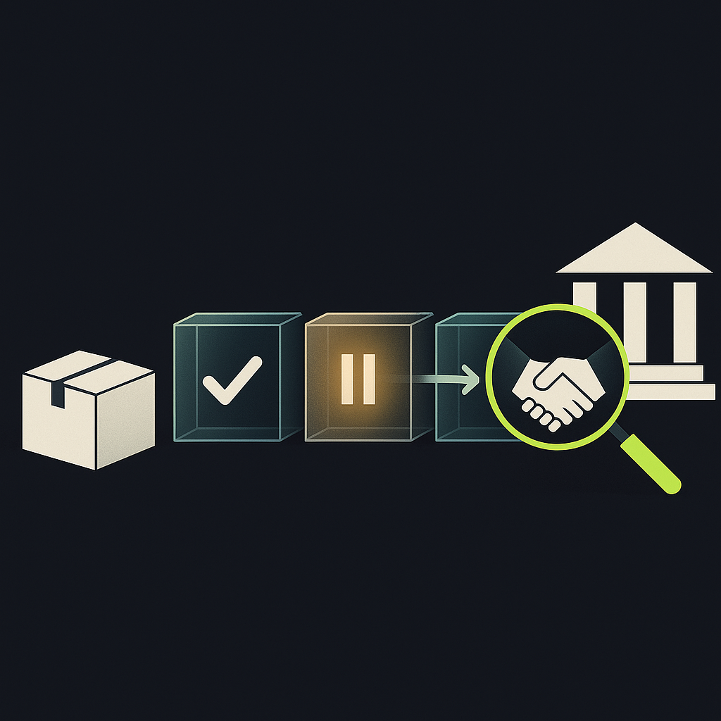 Illustration of a seller payout moving from parcel delivery through a review gate toward a bank account.