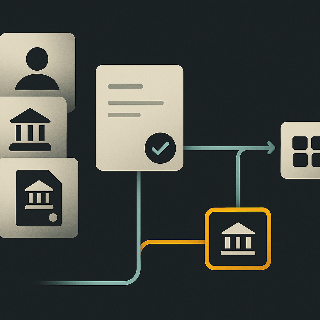 Supplier form data moving through verification and approval, with a bank-detail change held for review.