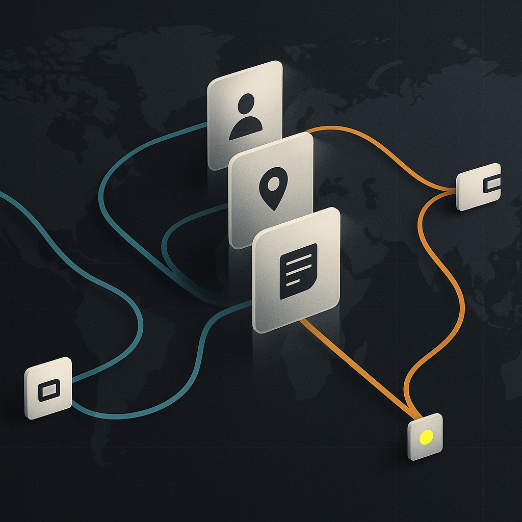 Global payout routes passing through verification gates, with a suspicious destination paused across alternate routes.