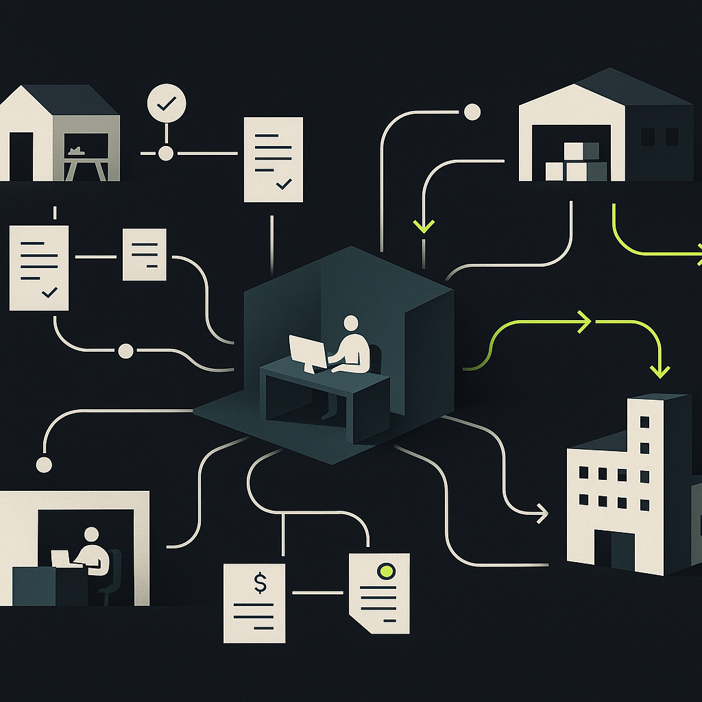 An accounts payable hub routes invoices and payments to suppliers with different payment needs.