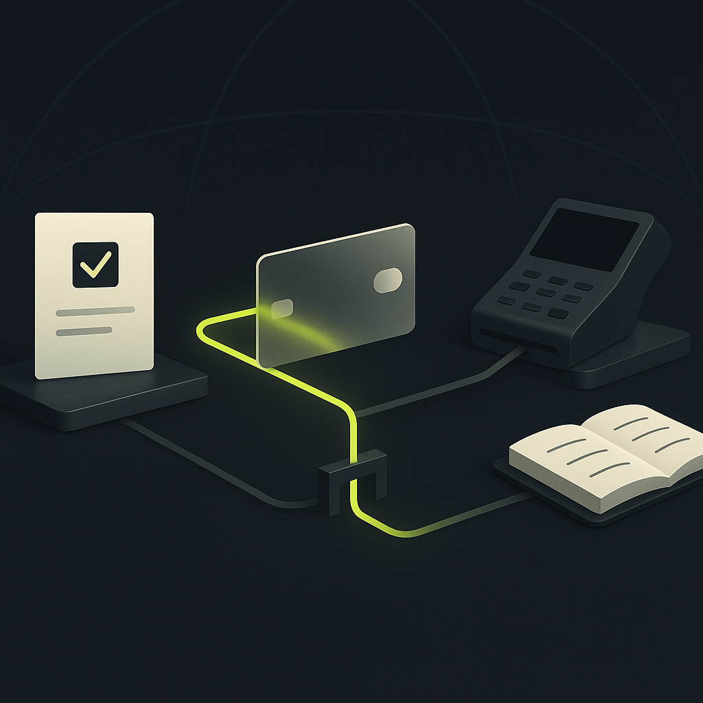 Virtual card connecting a supplier invoice, payment terminal, and ledger, with a controlled fallback payment path.