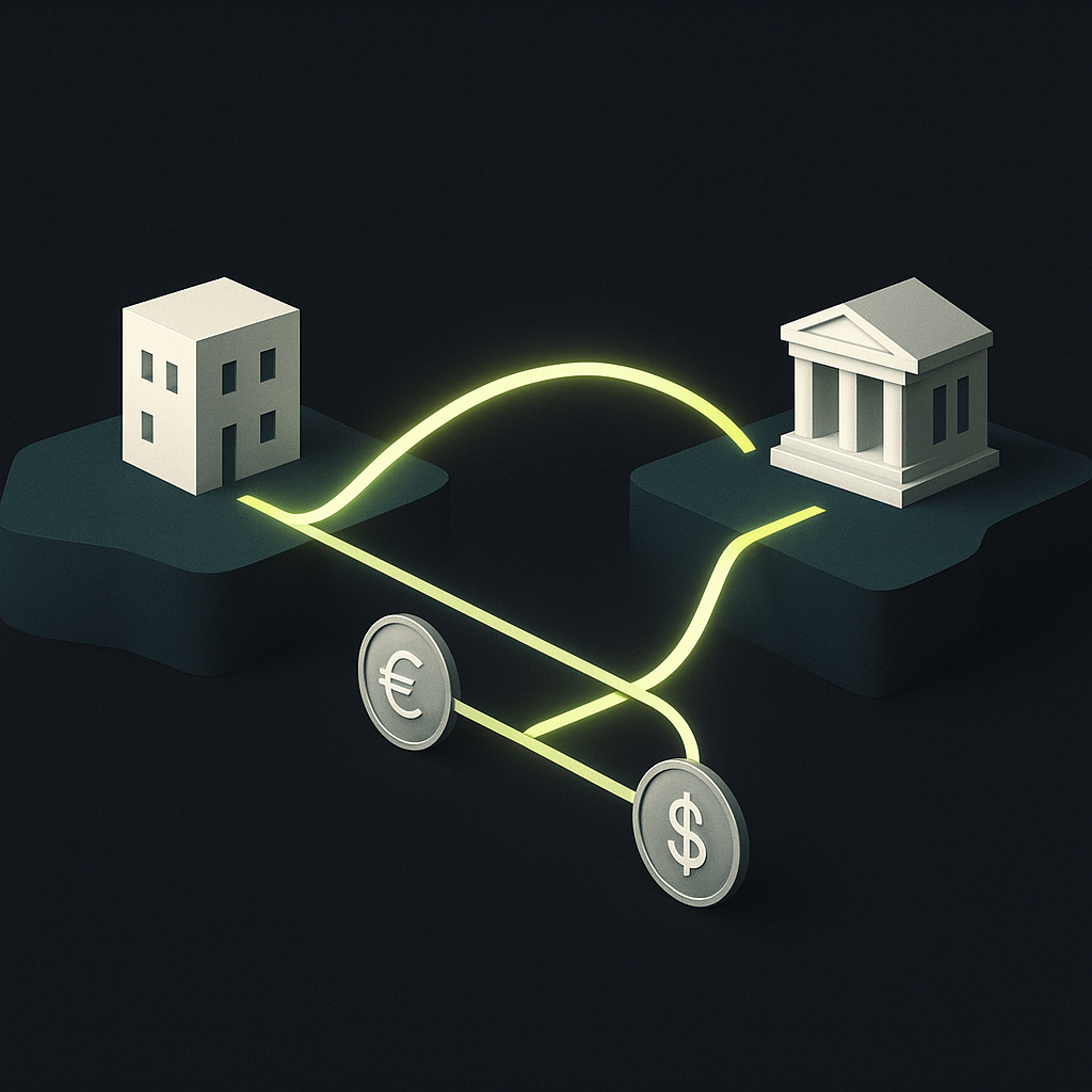 Two businesses in different countries connected by payment paths, with currency exchange shown as a separate optional step.