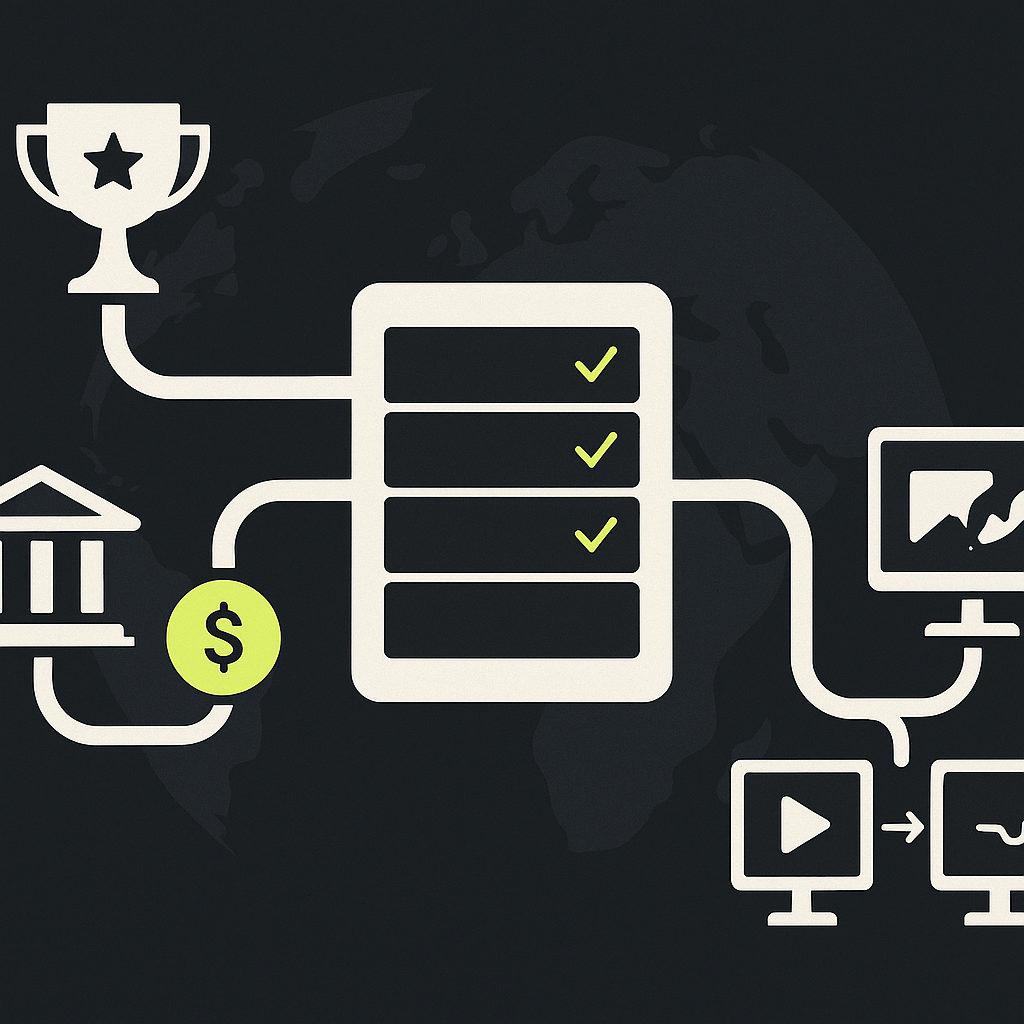 Creator award divided into cash payments, advertising credits, and mentoring support, connected to a central ledger.