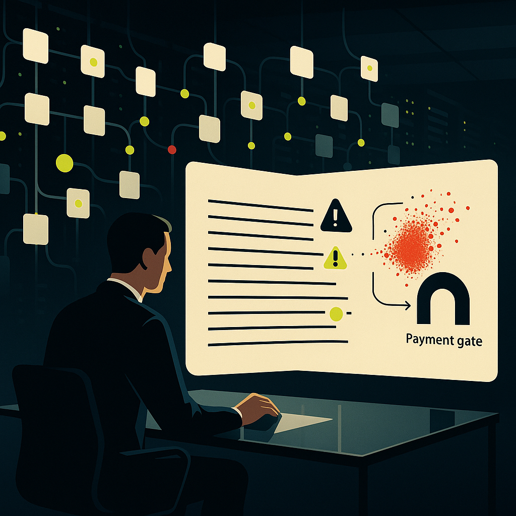 Finance professional reviewing programmatic ad spend anomalies on a holographic ledger in a data-lit environment