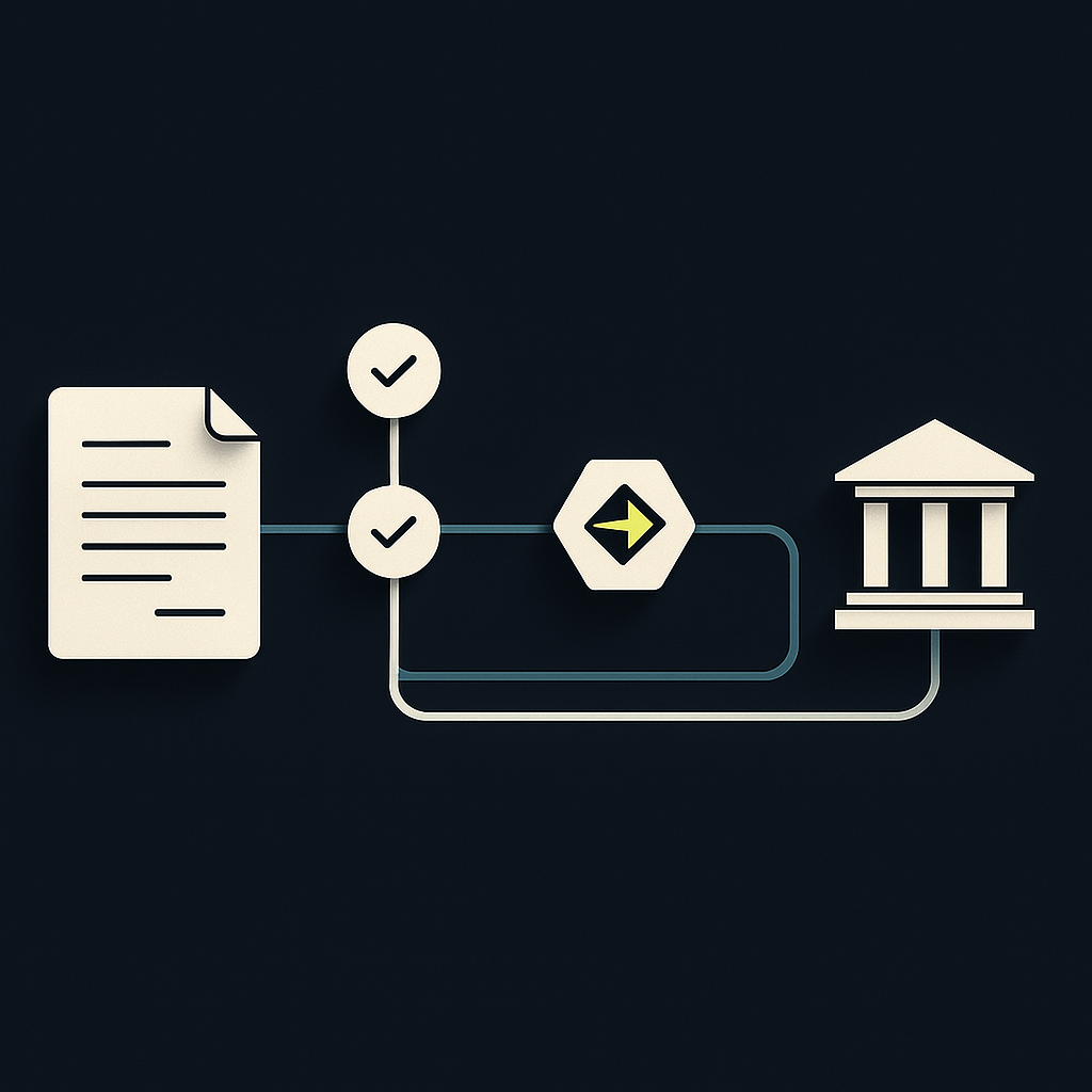 Illustration connecting a contractor agreement to approval, currency conversion, and cross-border bank credit.
