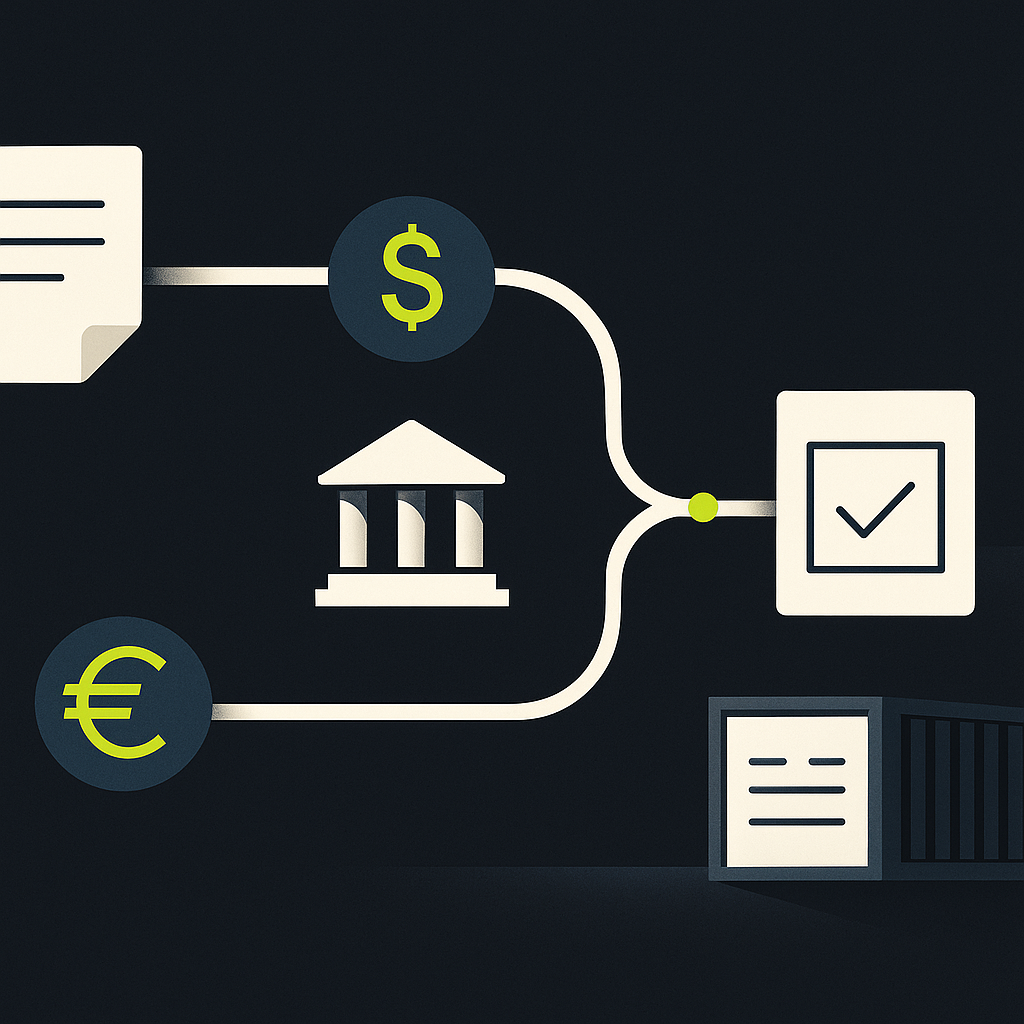 An invoice and cross-border payment converge in a ledger beside a shipping container, representing supplier settlement.