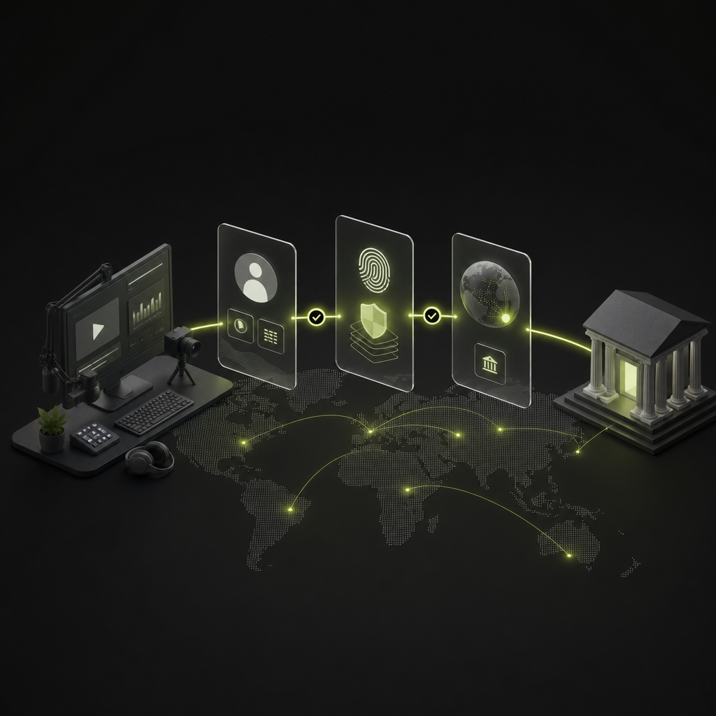 Illustration connecting a streaming channel, legal payee identity, and international bank destination through checkpoints.