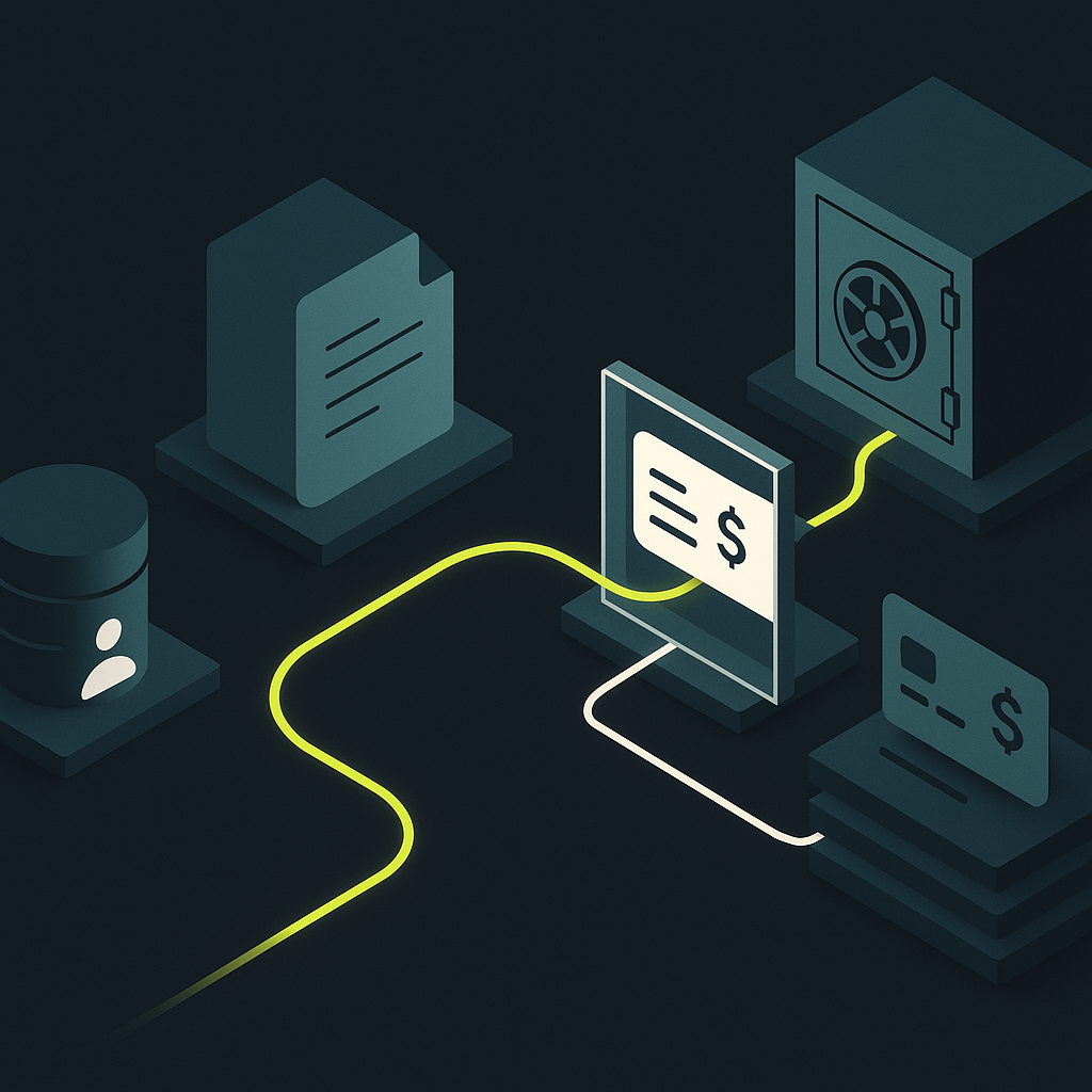 Payment workflow with verification checkpoints blocking a substituted bank account before funds reach the bank.