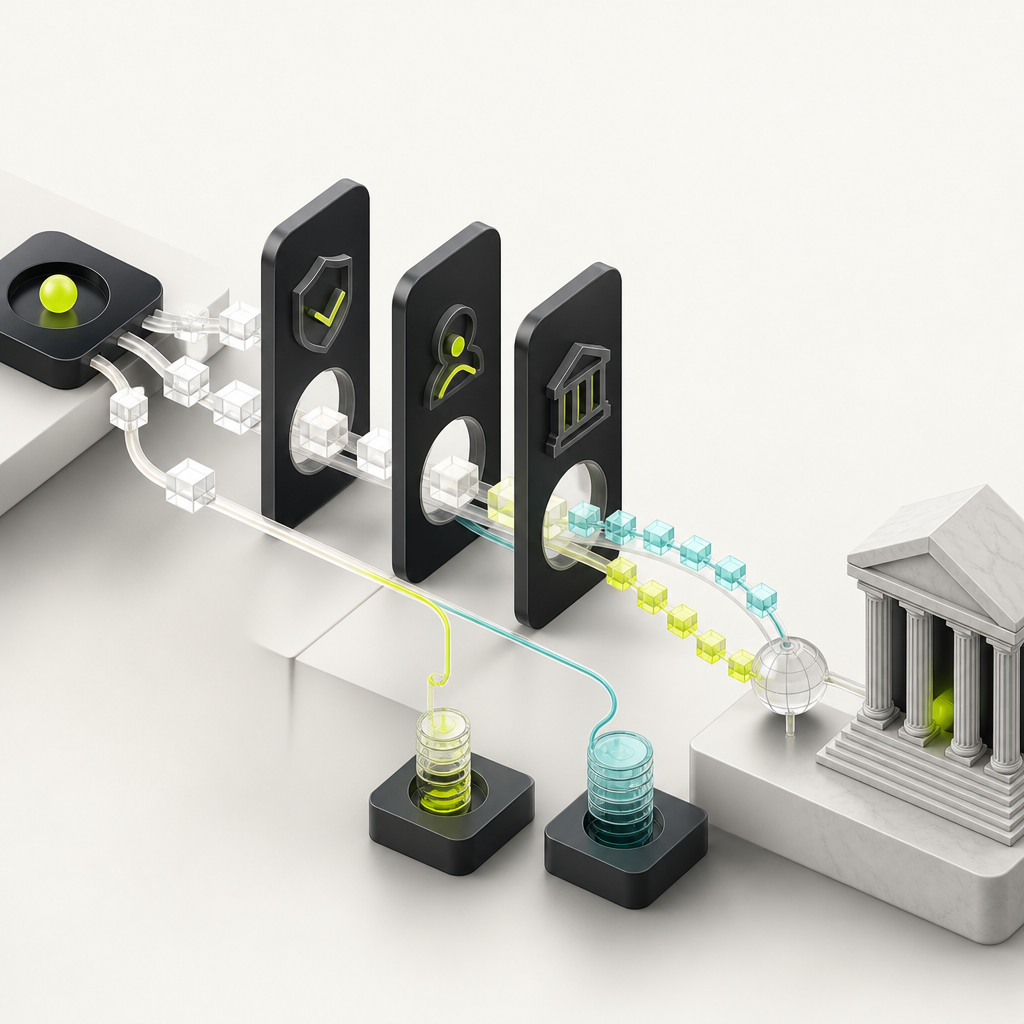 Affiliate commissions moving through approval and withdrawal stages to a bank account, with fees separated along the route.