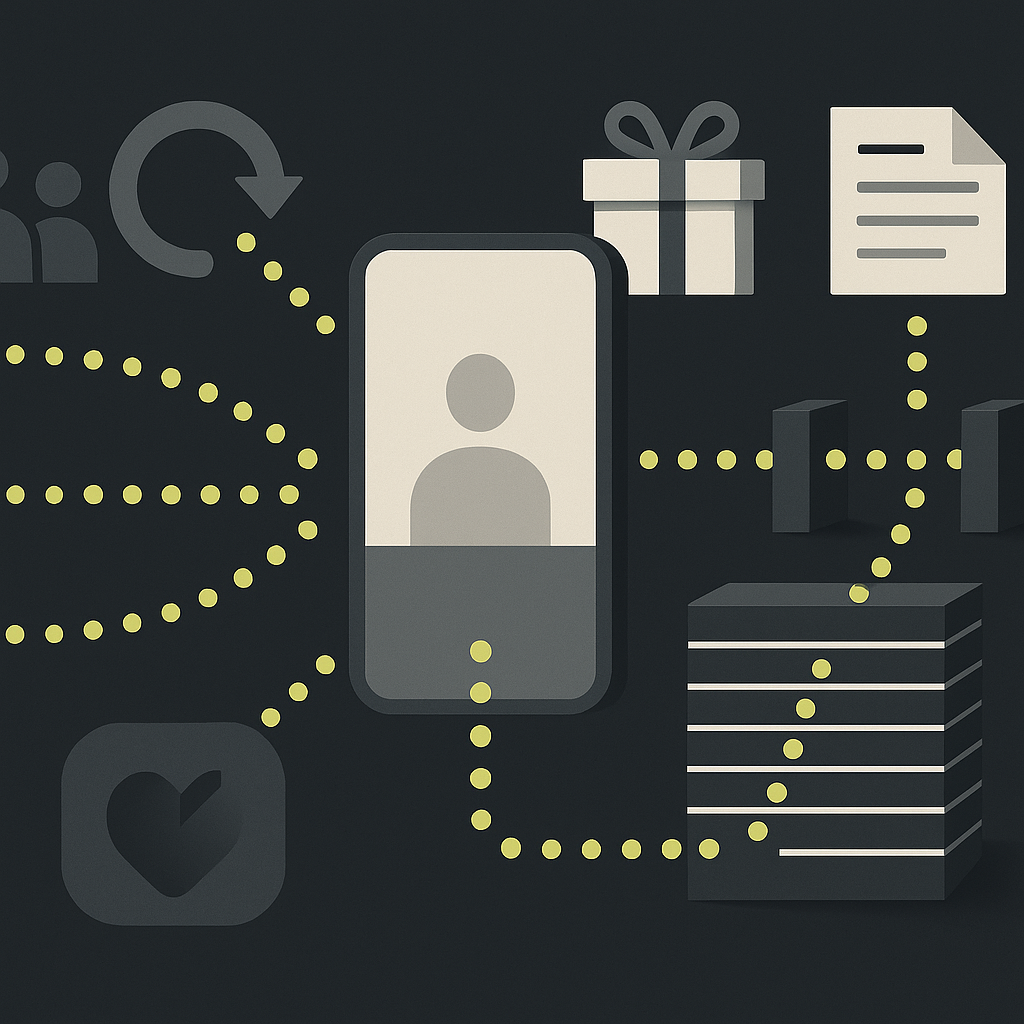 Separate creator income streams passing through eligibility checks and a ledger before reaching a payout account.