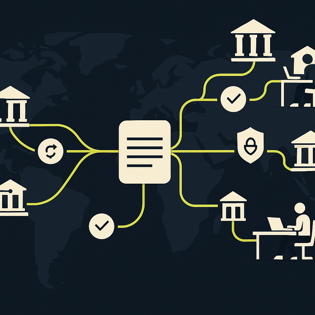 Illustration of contractor payments passing through currency and bank-detail checks to reach local bank accounts.