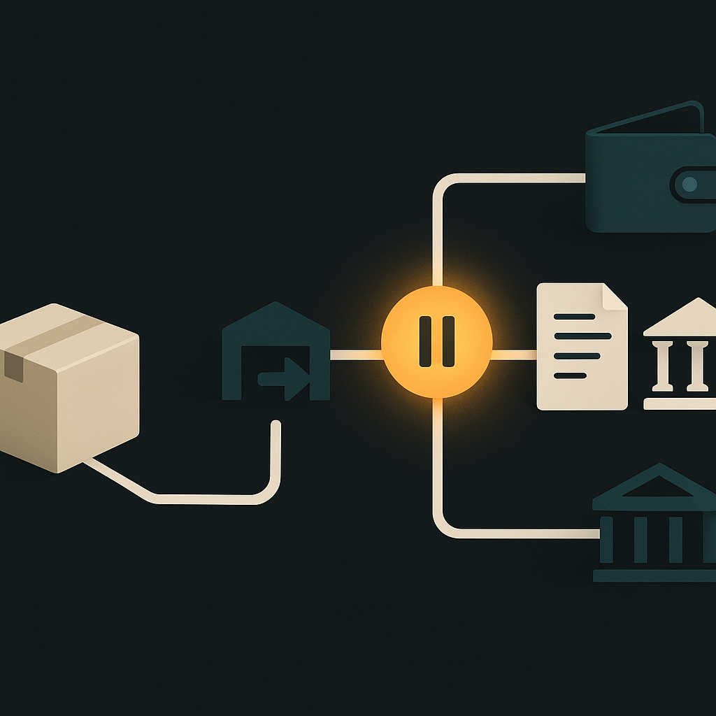 Marketplace payment paths connecting a parcel, verification checkpoint, seller wallet, and bank.