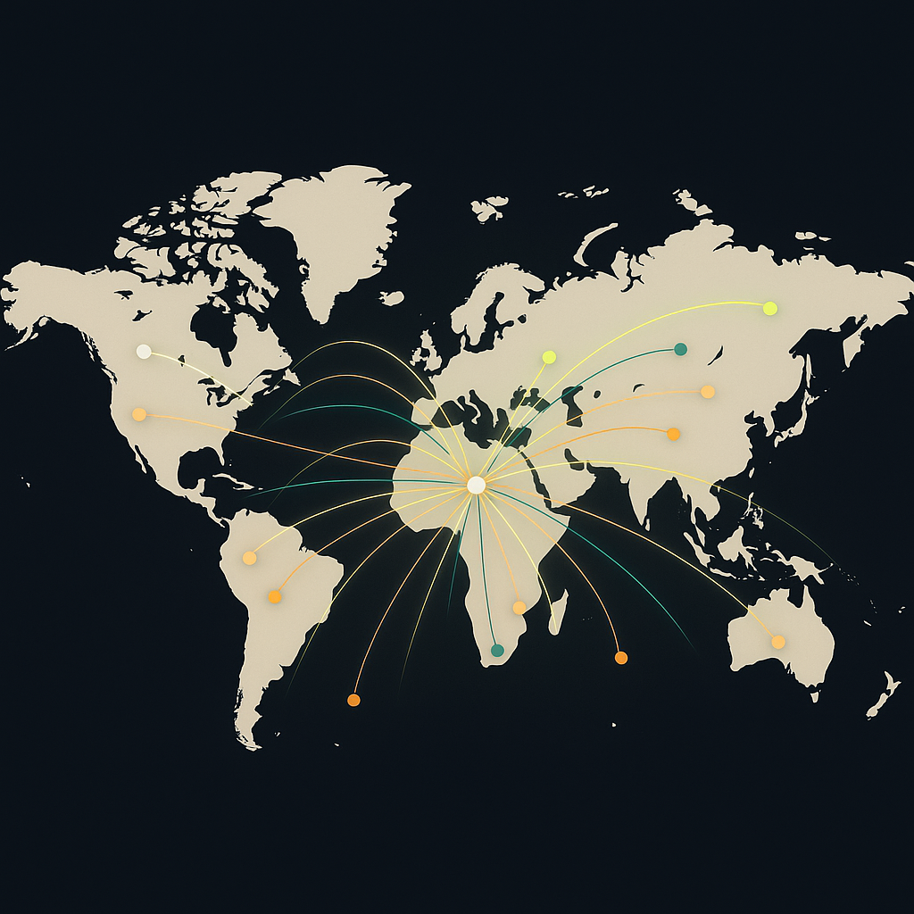 Global map with multi-colored currency flows connecting an ad network hub to publisher nodes across continents