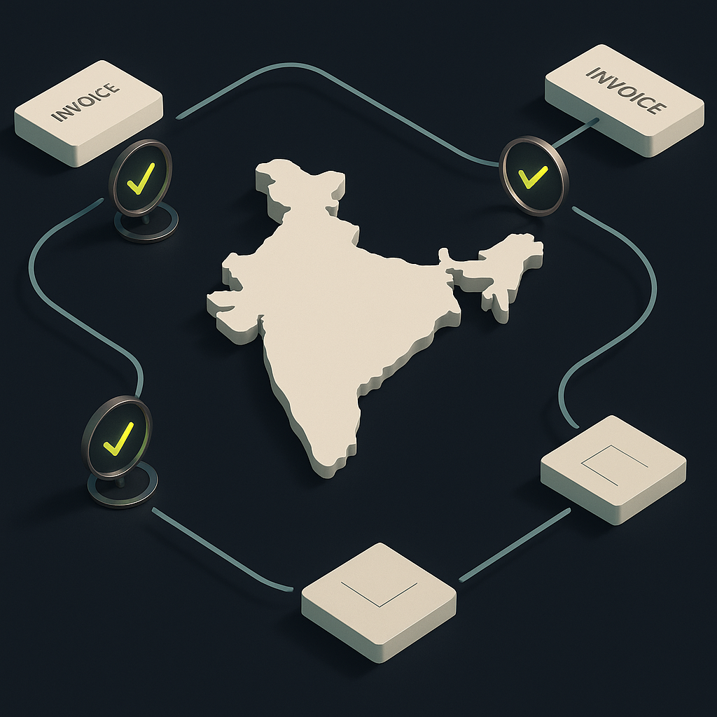 Map of India with separate incoming and outgoing payment routes passing through document checks and ledger records.