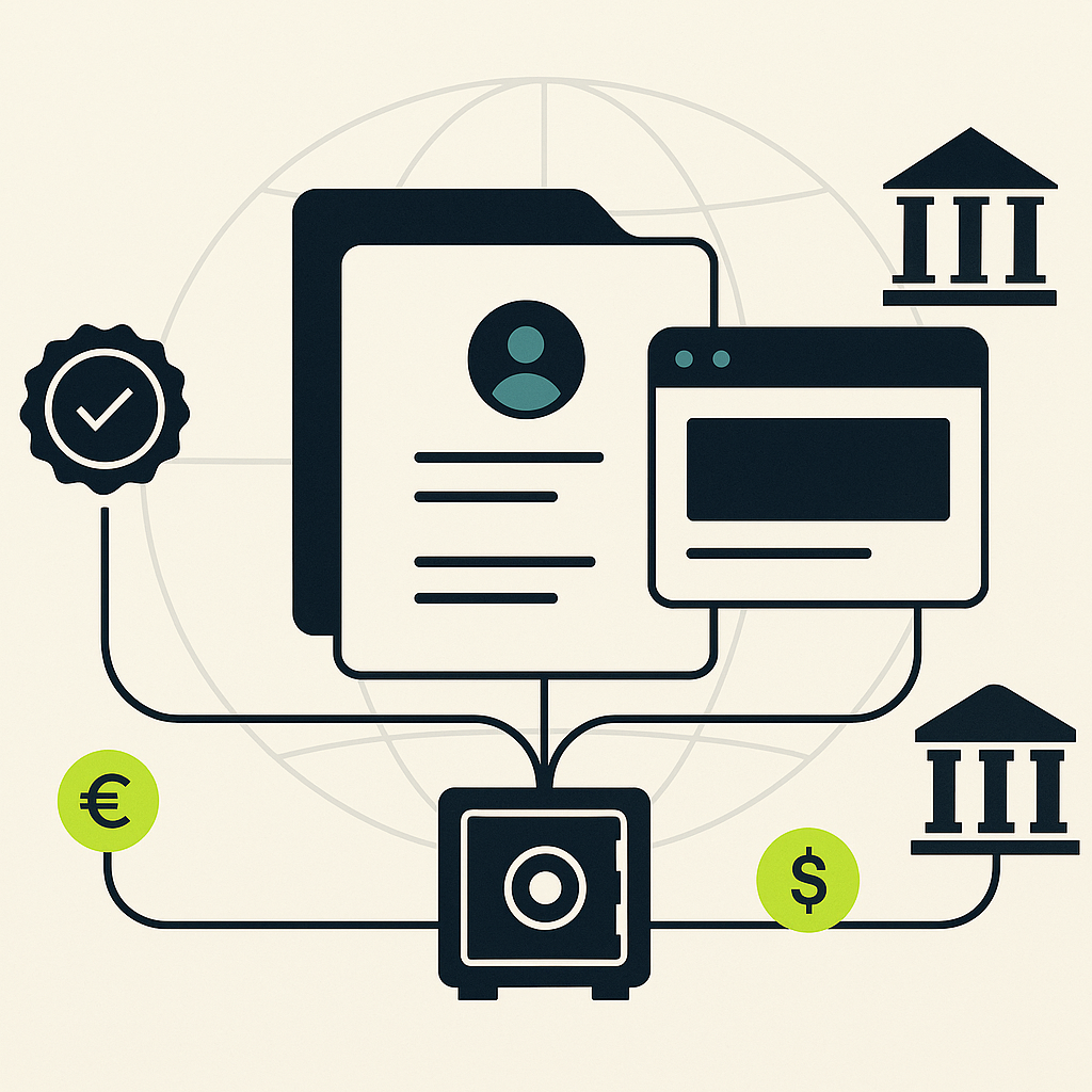Illustration connecting an affiliate account to publisher identity, tax verification, and international bank destinations