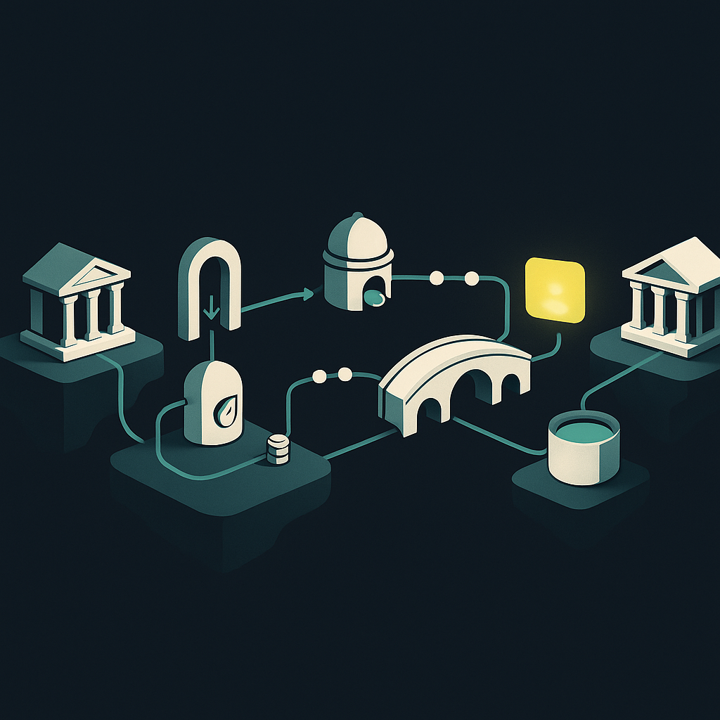 Illustration of an international payment passing through verification, conversion, and settlement to a recipient account.