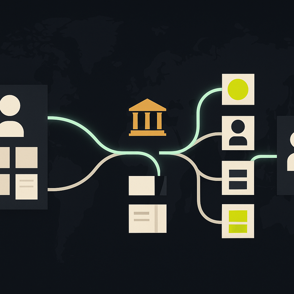 Structured payment data moving between business and bank ledgers, with a checkpoint highlighting lost information.