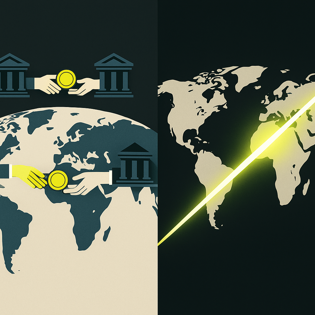 Split visual comparing a slow multi-bank wire chain with a direct high-speed digital cross-border payment