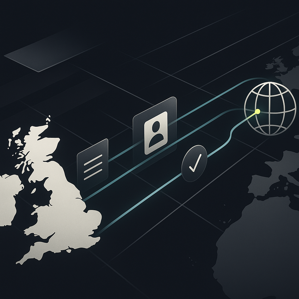 UK payment routes connecting global destinations through identity, documentation and approval checkpoints.
