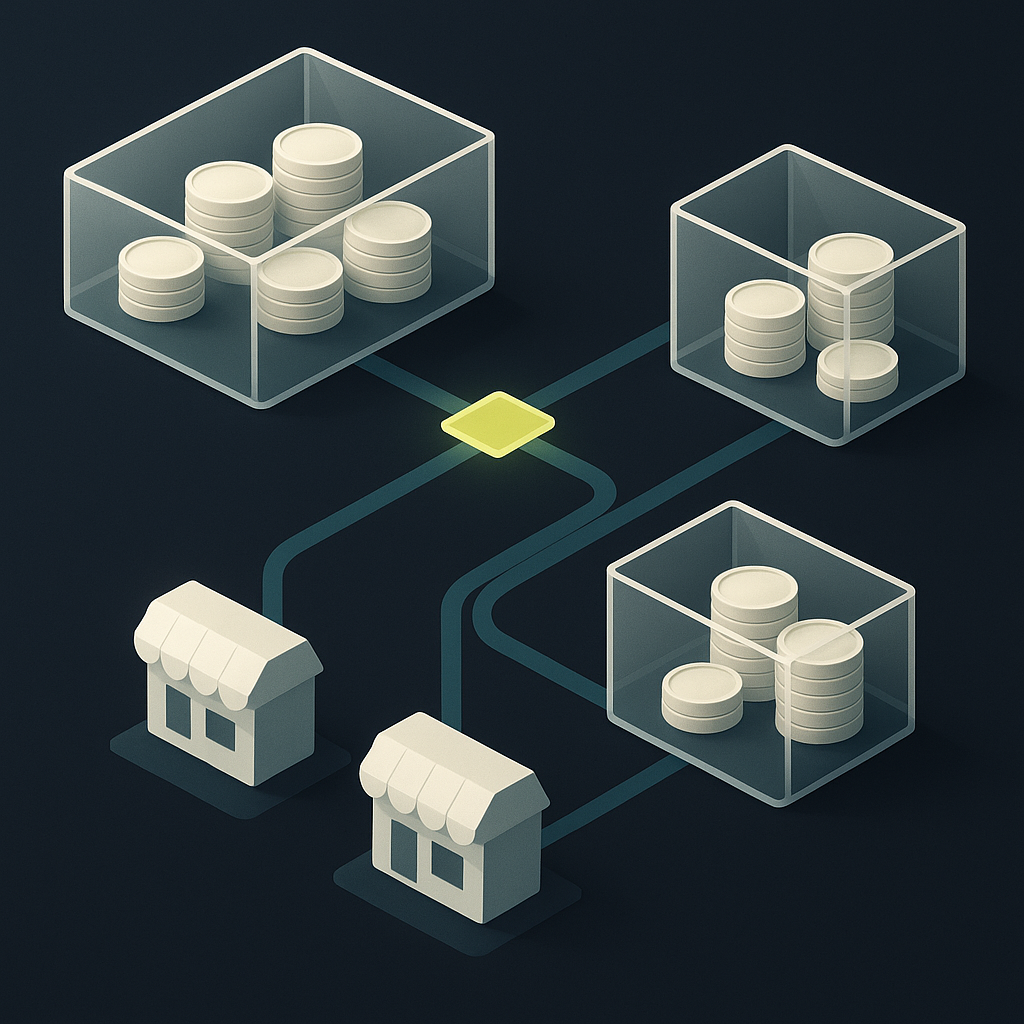 Illustration of marketplace funds moving through controlled balance compartments toward seller storefronts.