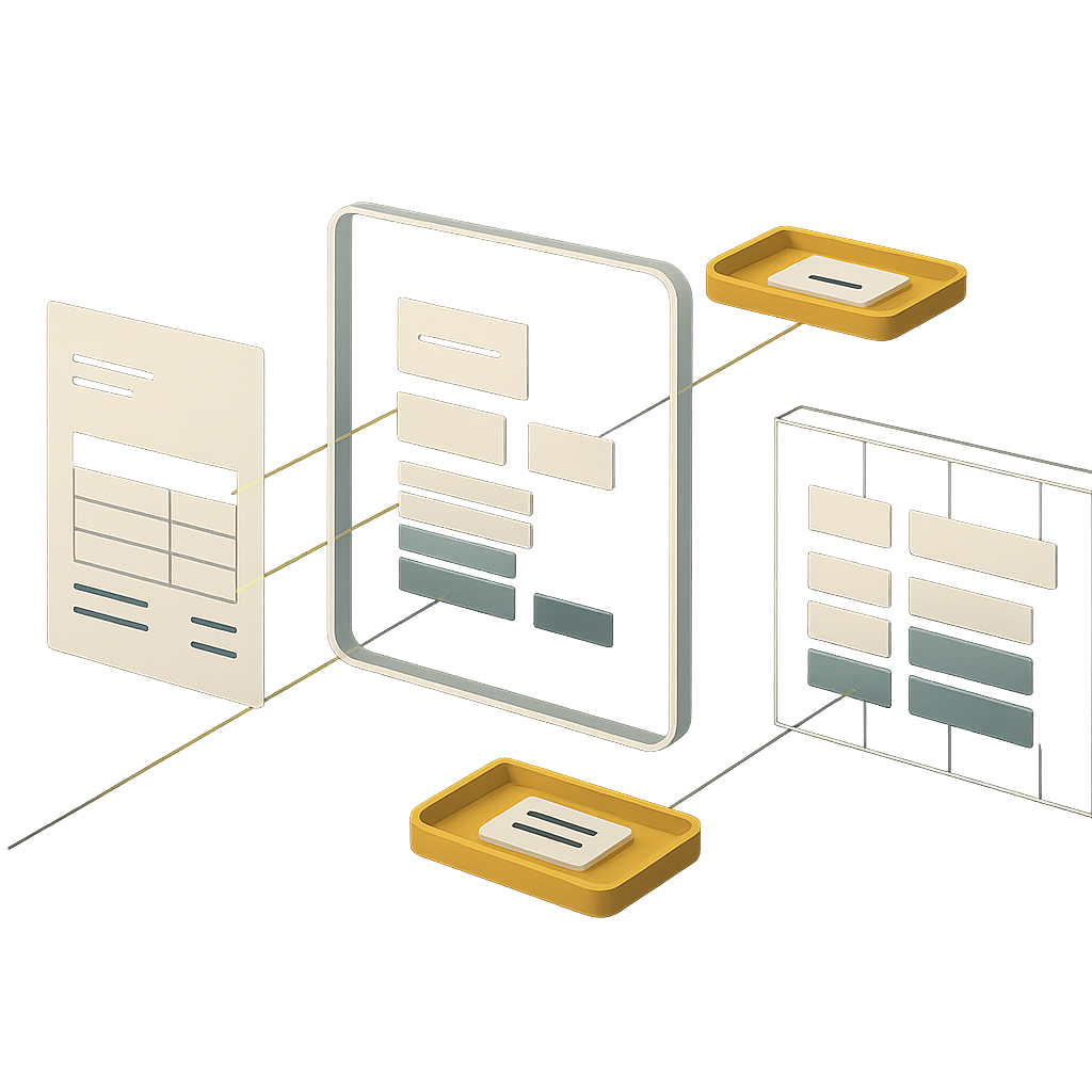 Invoice fields linked to source evidence, with verified data moving to a ledger and uncertain fields held for review.