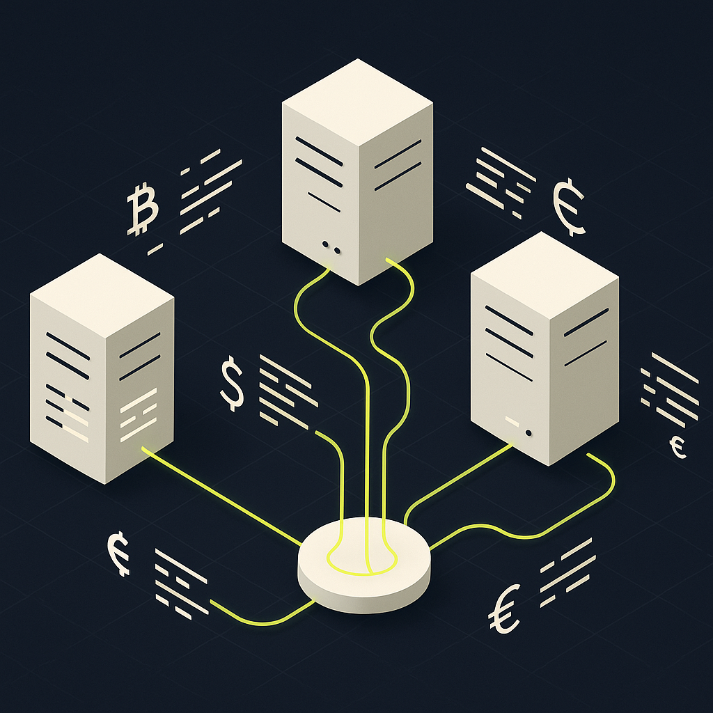 Isometric illustration of a connected ad network finance stack with DSP, ERP, and payout engine nodes linked by data pipeline