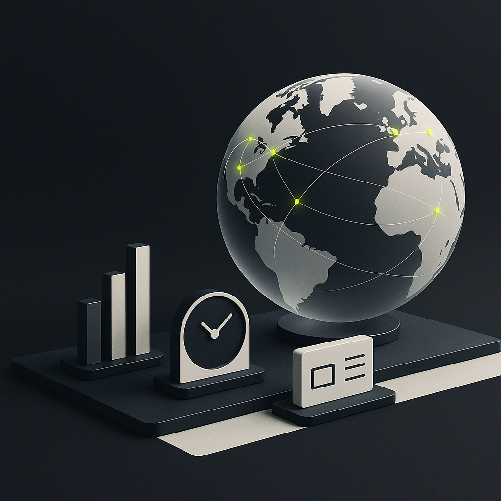Globe with international payment routes and abstract indicators for transfer costs, delivery speed, and reconciliation.
