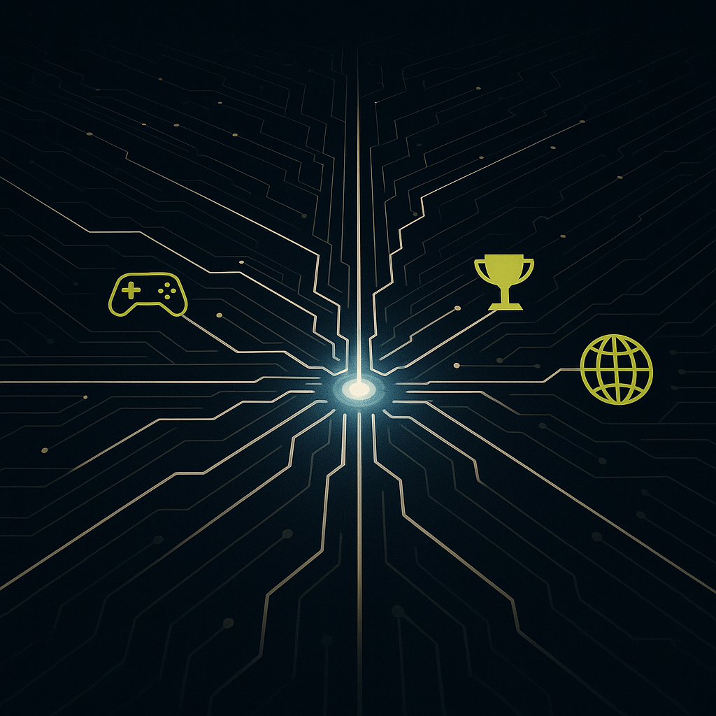 Glowing circuit board landscape with branching payment rail pathways converging into a central hub, symbolizing gaming payout