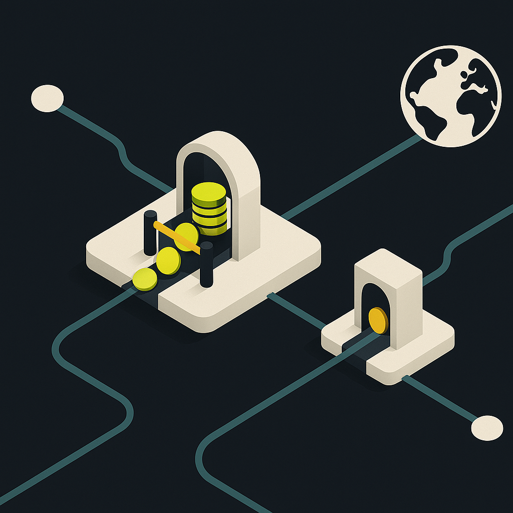 Global payment routes with one account-level security gate pausing payouts while unaffected routes remain open.