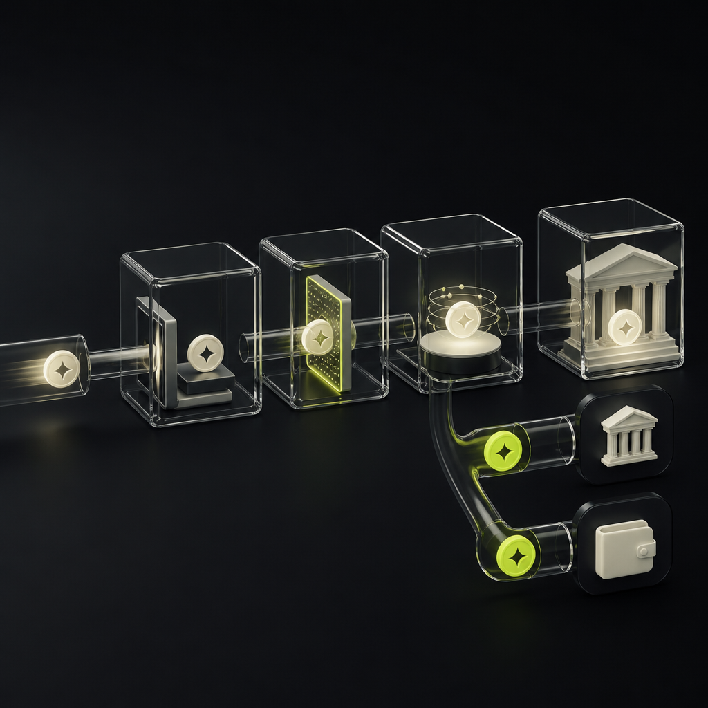 Illustration of an affiliate commission moving through validation, payment release, and bank receipt.