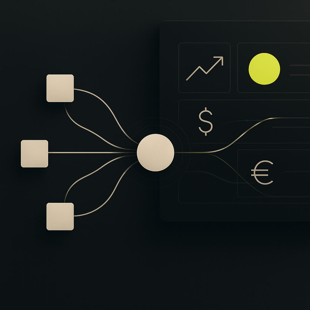Abstract visualization of an AI agent autonomously managing financial data flows and publisher payouts in an ad operations ne