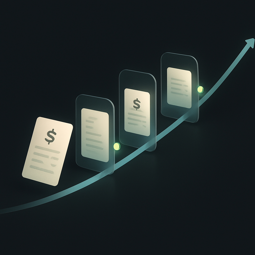 Digital invoices flowing untouched through automated approval gates on a rising progress path