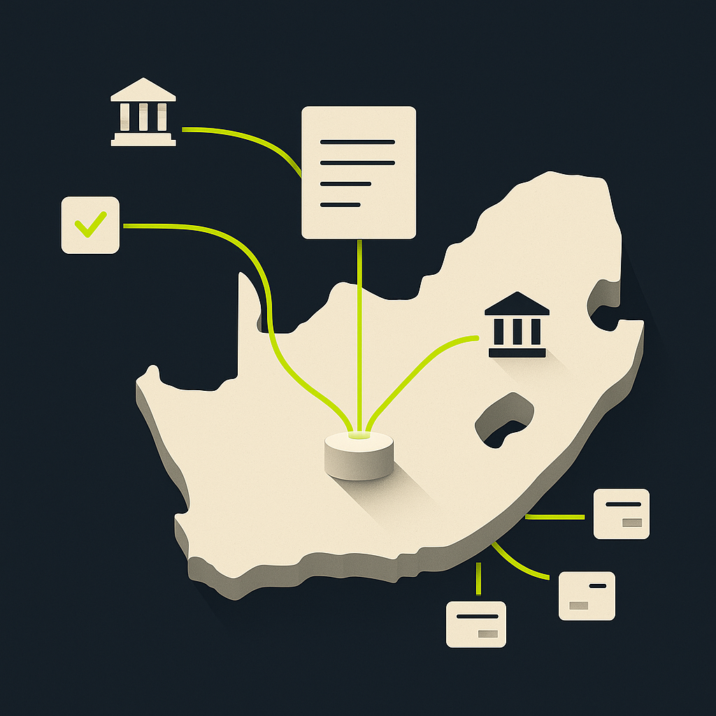 Payment routes connecting South Africa with overseas banks through document checks and a central ledger