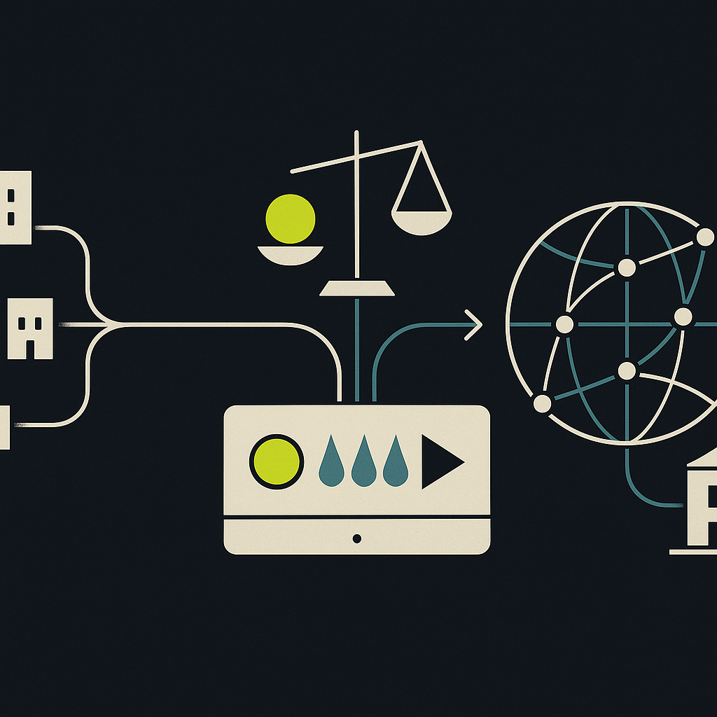 Illustration of local settlement hubs and international banking routes converging on a beneficiary account.