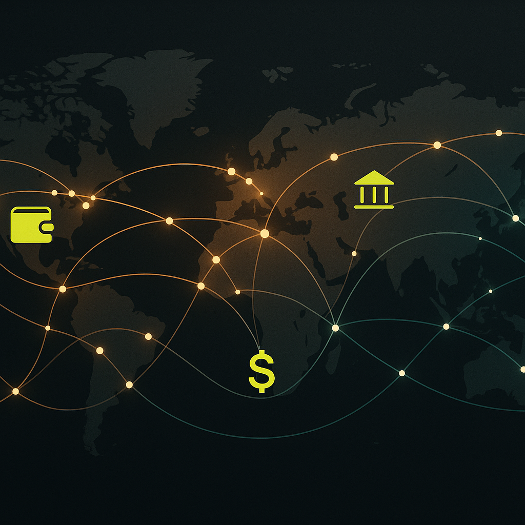 Global network of creator payout rails connecting platforms to creators across continents, visualized as glowing nodes and pa