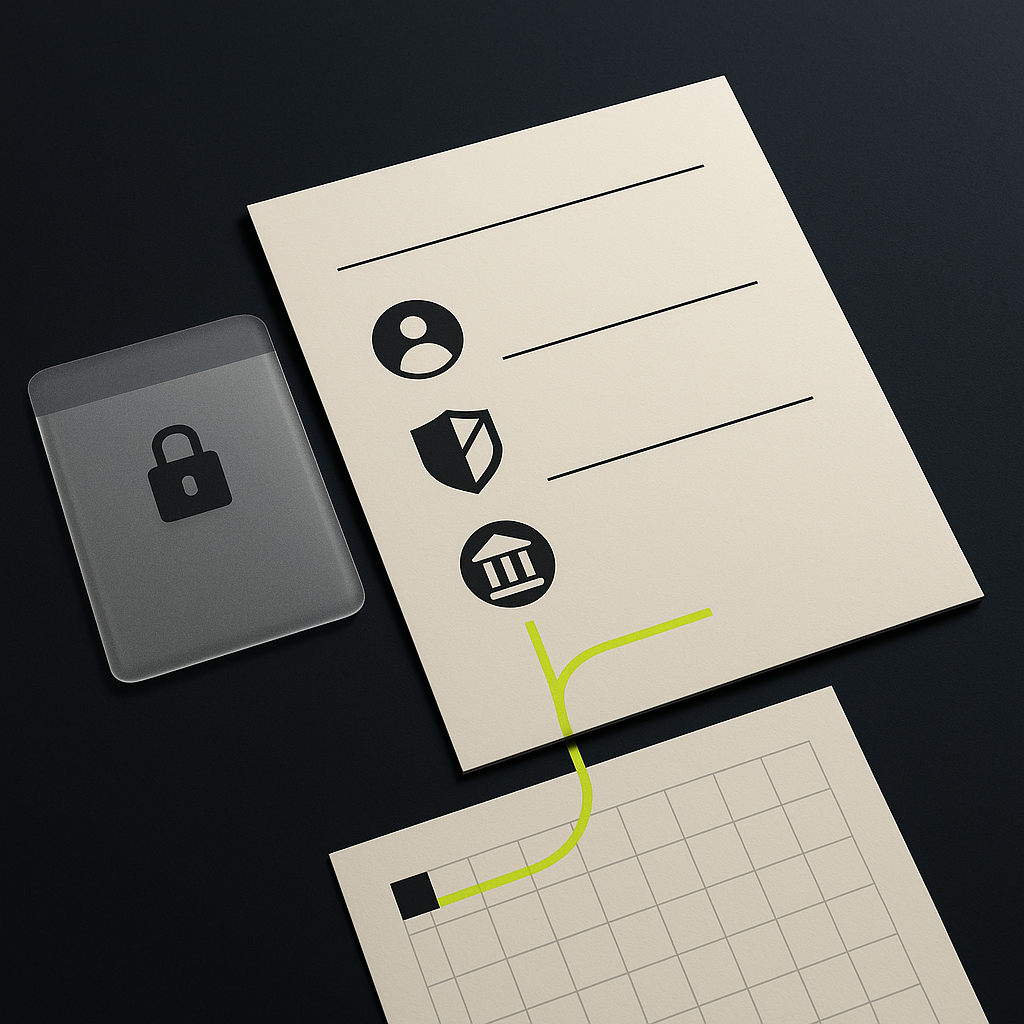 Illustration of a vendor intake document with separate secure attachments and a controlled approval path to a ledger.