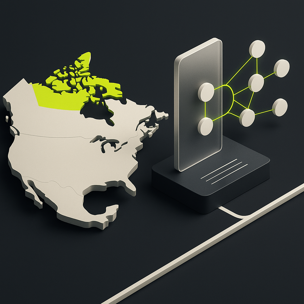 Illustration of Canada separated from a creator rewards network by an eligibility gate, with payment rails below.