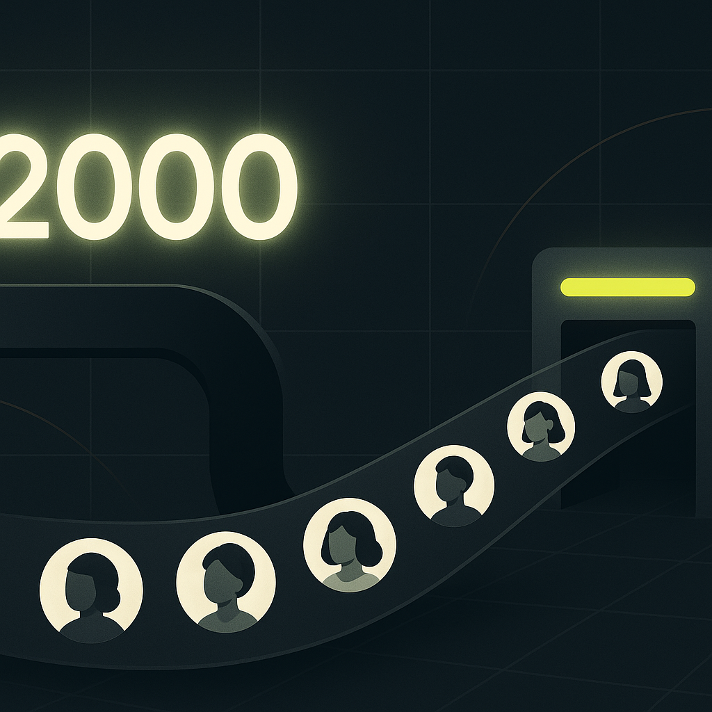 Illustration of creator payment flows passing through a $2,000 compliance threshold gate on a dark fintech background