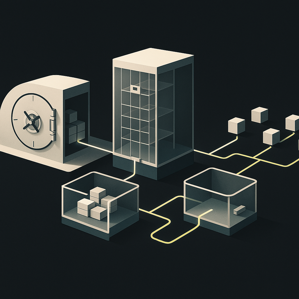 Bank vault connected to a marketplace ledger and seller nodes through separate fund-holding and payout control gates
