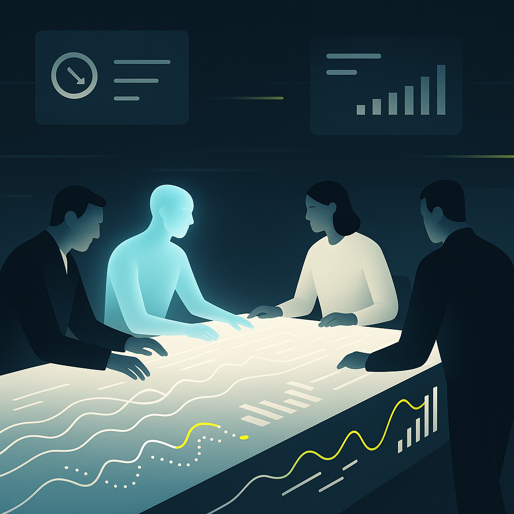 Human finance professionals and AI agents working together at a shared unified ledger in a modern operations center