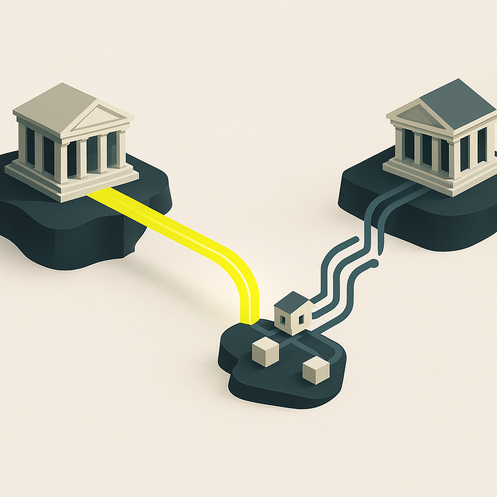 Central banks linked by a digital settlement bridge, with separate pathways through commercial banks to a supplier.