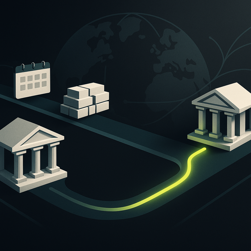 Parallel ACH batch and wire payment paths passing through bank processing gates toward a recipient bank.