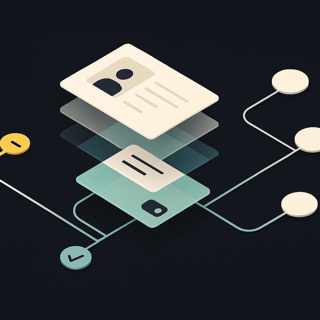 Layered supplier record connected to accounting systems, with separate paths for pending and approved data updates.