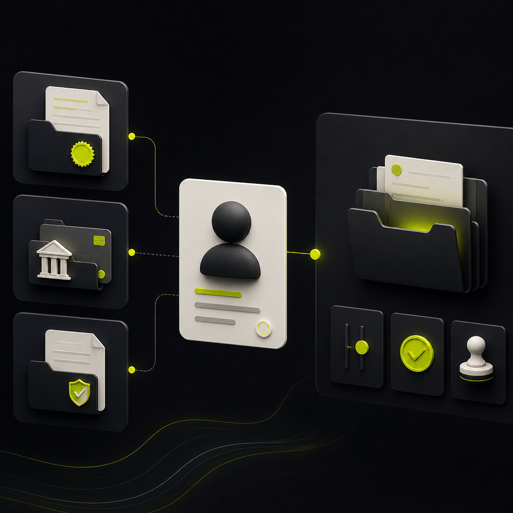 Modular vendor intake form branching into tax, banking, and compliance sections with a separate reviewer workspace.