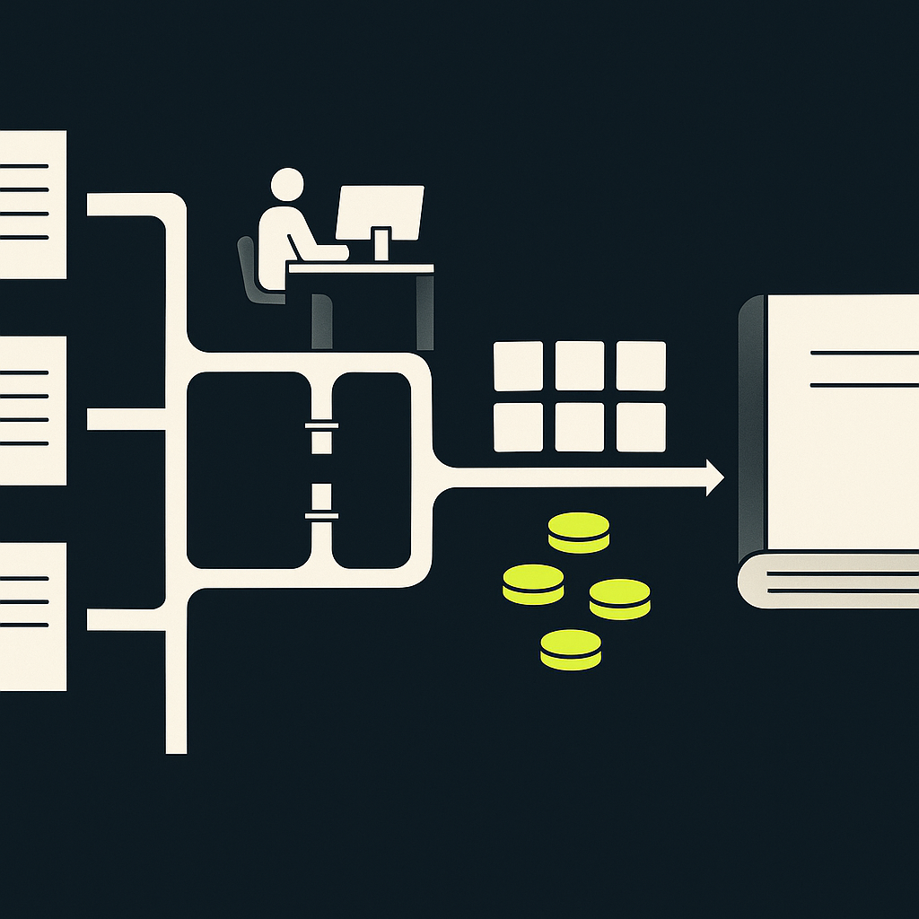 Invoice, accounting, and cash flows connect to a shared ledger, with a separate review path for payment exceptions.