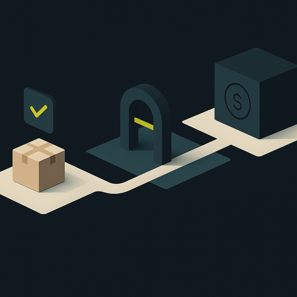 Illustration of a parcel delivery progressing through payout release to funds arriving in a seller’s account