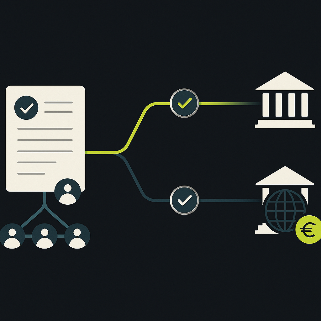 Two affiliate payment paths connect a commission ledger to international banks through distinct account and payout stages.